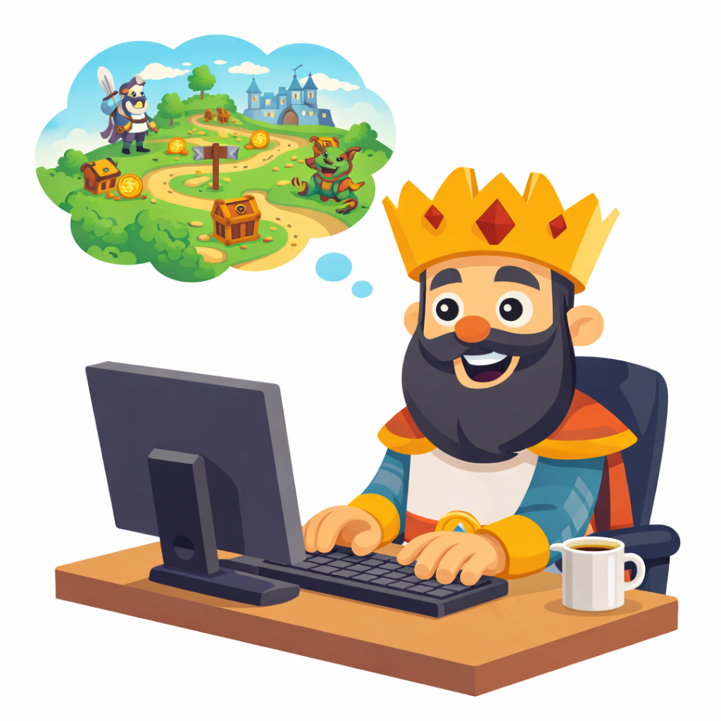 Employee Quest king developer daydreaming about quests