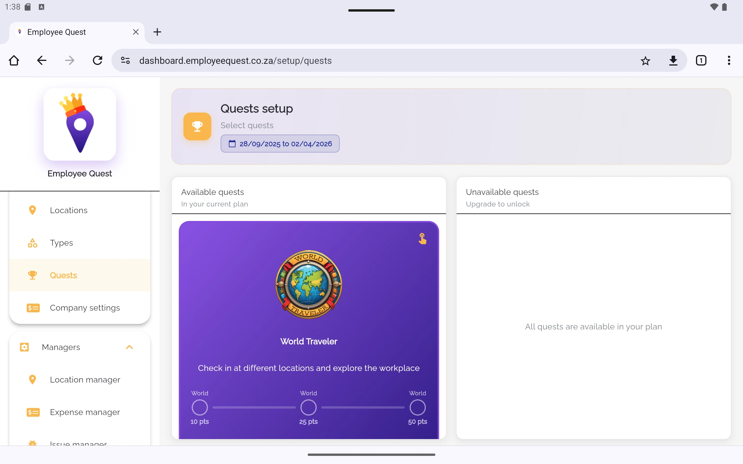 Tablet dashboard quests view